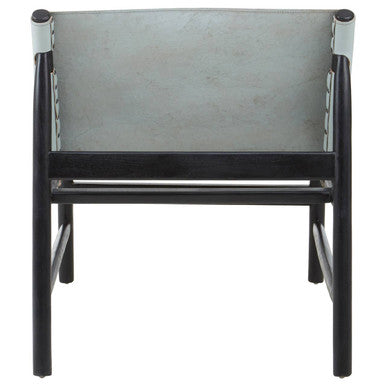 Kendari Grey Leather and Black Teak Wood Modern Sling Chair – close-up