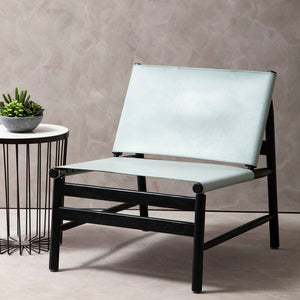 Kendari Grey Leather and Black Teak Wood Modern Sling Chair – detail