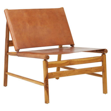 Kendari Brown Leather and Teak Wood Modern Sling Chair – side view