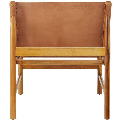 Kendari Brown Leather and Teak Wood Modern Sling Chair – in room setting