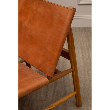 Kendari Brown Leather and Teak Wood Modern Sling Chair – dimensions