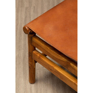 Kendari Brown Leather and Teak Wood Modern Sling Chair – close-up