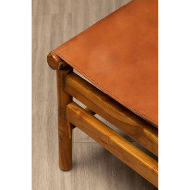 Kendari Brown Leather and Teak Wood Modern Sling Chair – close-up