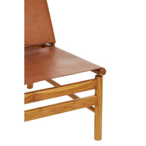 Kendari Brown Leather and Teak Wood Modern Sling Chair – angle view