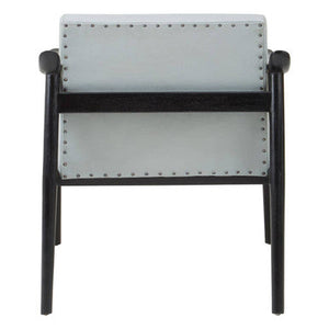 Kendari Grey Leather and Black Teak Wood Frame Armchair – in room setting