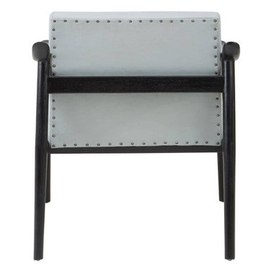 Kendari Grey Leather and Black Teak Wood Frame Armchair – in room setting