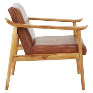 Kendari Brown Leather with Natural Teak Wood Armchair – in room setting