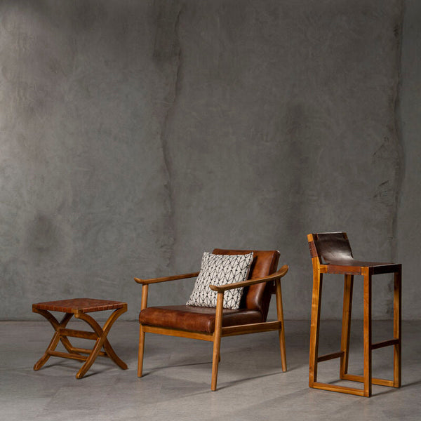 Kendari Brown Leather with Natural Teak Wood Armchair – side view