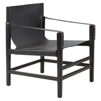 Kendari Black Leather and Teak Wood Frame Armchair