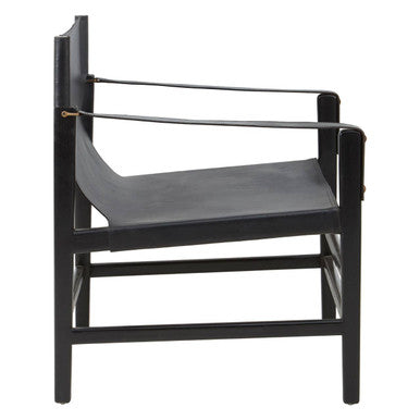Kendari Black Leather and Teak Wood Frame Armchair – detail
