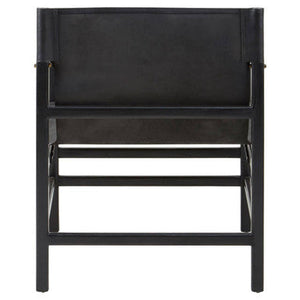 Kendari Black Leather and Teak Wood Frame Armchair – in room setting