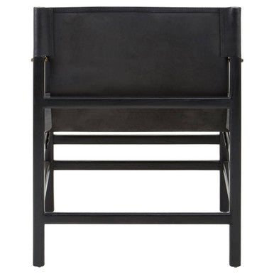 Kendari Black Leather and Teak Wood Frame Armchair – in room setting