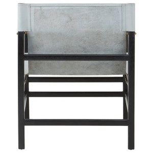 Kendari Grey Leather and Black Teak Wood Frame Chair – in room setting