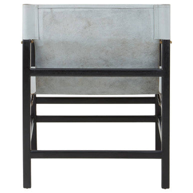Kendari Grey Leather and Black Teak Wood Frame Chair – in room setting