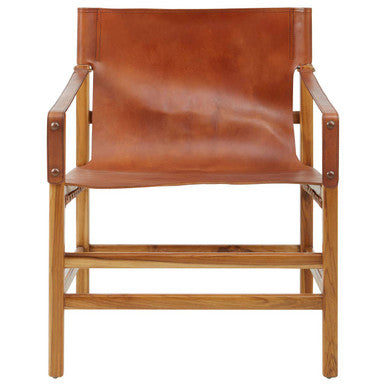 Kendari Brown Leather and Teak Wood Chair
