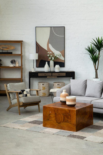 Harry Grey Linen and Dark Oak Wood Armchair – back view