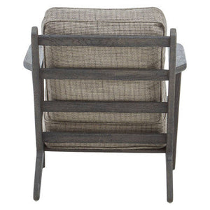 Hector Grey Tweed and Black Oak Wood Frame Armchair – in room setting