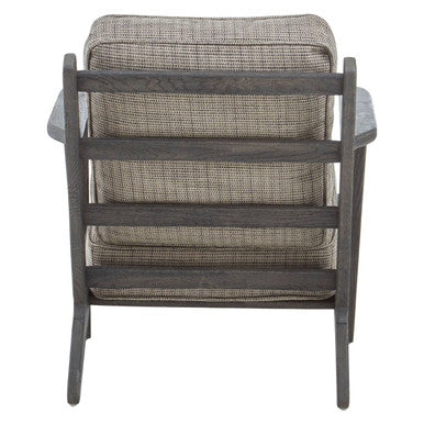 Hector Grey Tweed and Black Oak Wood Frame Armchair – in room setting