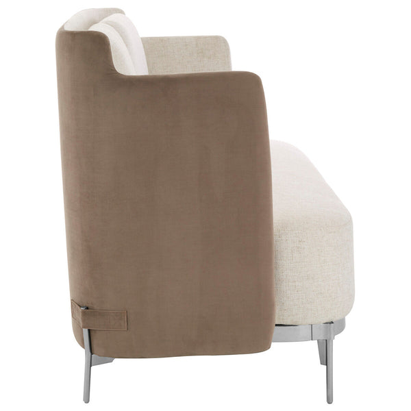 Piermount Ivory Fabric and Mink Velvet 2 Seater Sofa with Silver Finish Base – in room setting