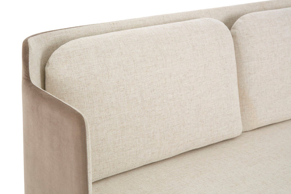 Piermount Ivory Fabric and Mink Velvet 2 Seater Sofa with Silver Finish Base – in room setting 2