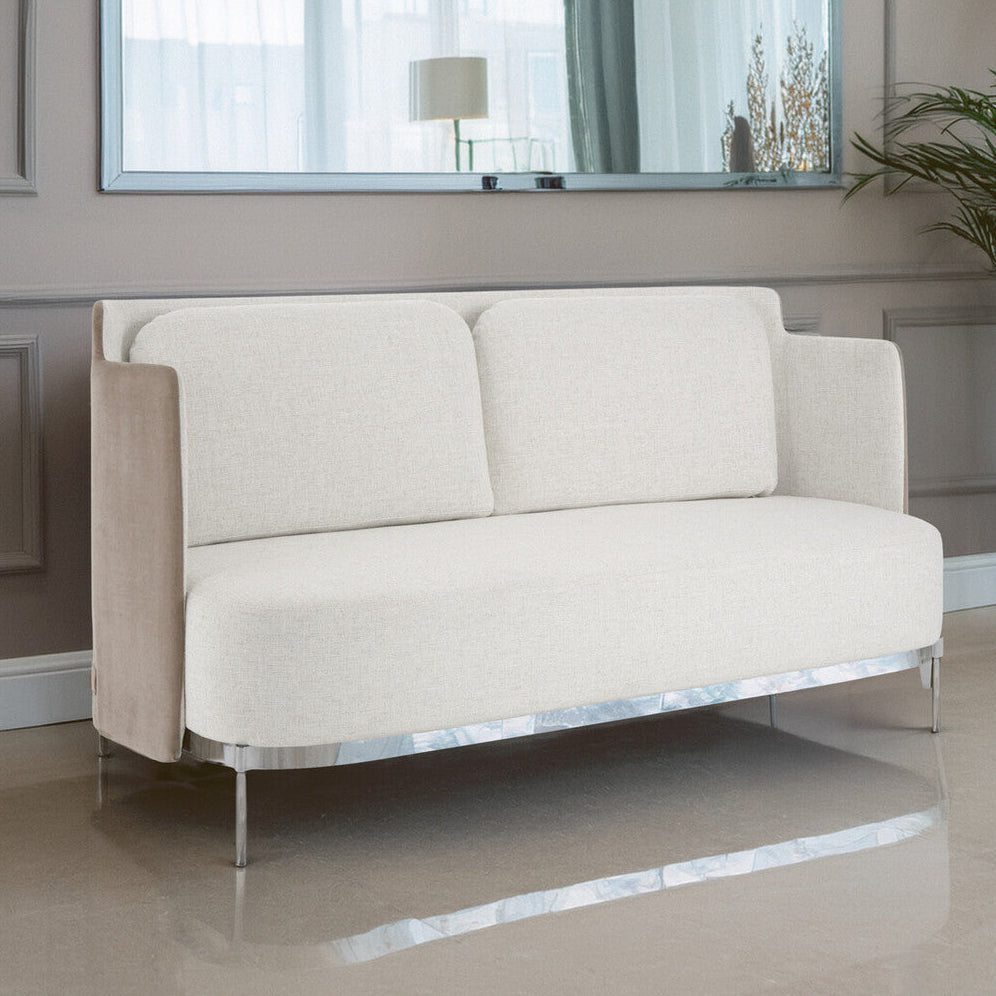 Piermount Ivory Fabric and Mink Velvet 2 Seater Sofa with Silver Finish Base