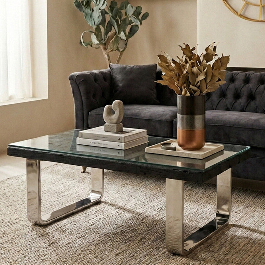 Kerala Black Recycled Wood Coffee Table with Curved Legs