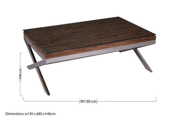 Kerala Natural Recycled Wood Coffee Table with Cross Base – angle view