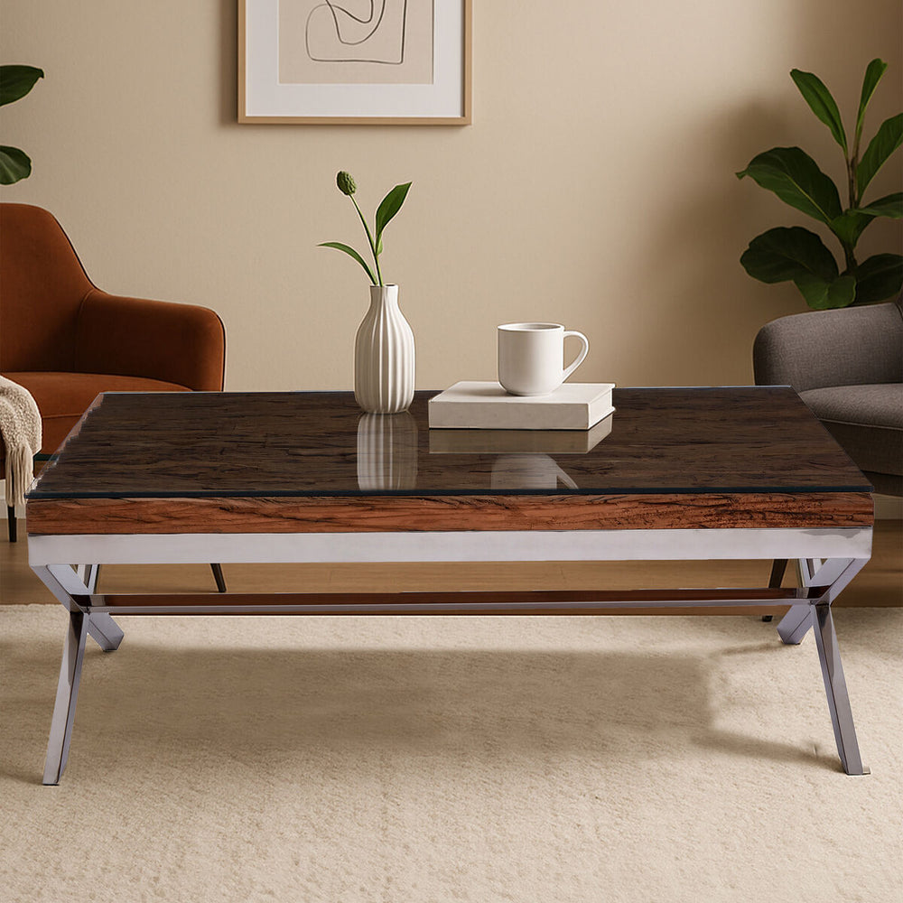 Kerala Natural Recycled Wood Coffee Table with Cross Base