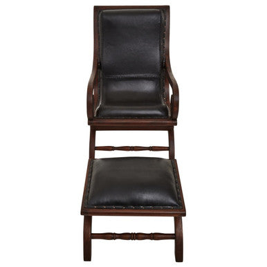 Inca Genuine Black Leather and Teak Lounge Chair with Footstool