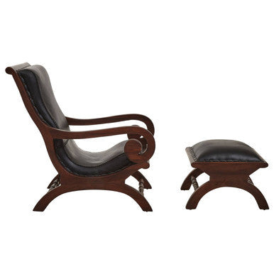 Inca Black Leather and Teak Wood Lounge Chair with Footstool