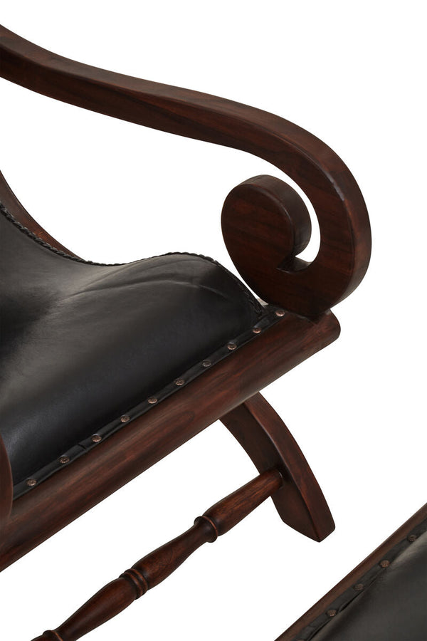 Inca Black Leather and Teak Wood Lounge Chair with Footstool – back view