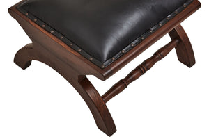 Inca Black Leather and Teak Wood Lounge Chair with Footstool – detail