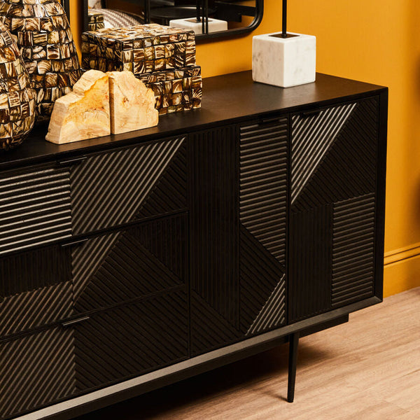 Jakara Black Finish Wooden 4 Door Sideboard with 3 Drawers – close-up