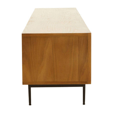 Jakara Natural Wood Finish Carved Media Unit – in room setting