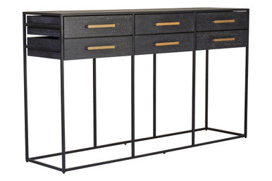 Judd Black Oak Veneer 6 Drawer Console Table – in room setting