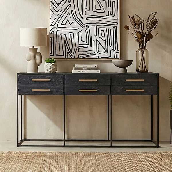 Judd Black Oak Veneer 6 Drawer Console Table – detail