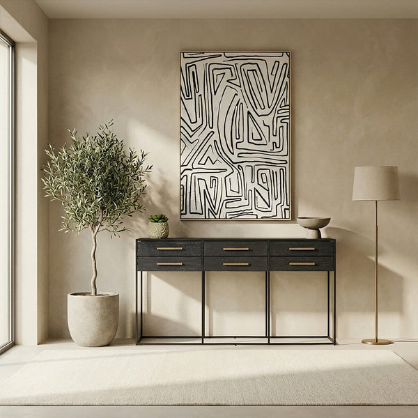 Judd Black Oak Veneer 6 Drawer Console Table – angle view