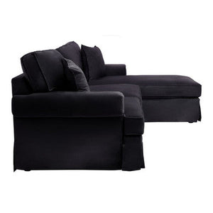 Ralph Black Velvet 3 Seater Right Hand Chaise Sofa – in room setting