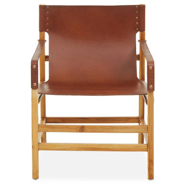Kendari Light Brown Leather and Teak Wood Chair