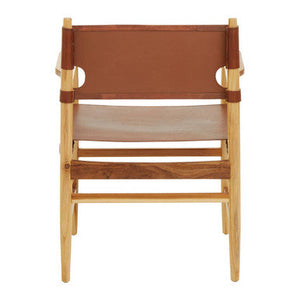 Kendari Antique Brown Leather and Teak Wood Chair – in room setting