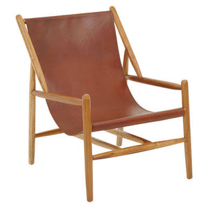 Kendari Antique Brown Leather and Teak Wood Modern Sling Chair – detail