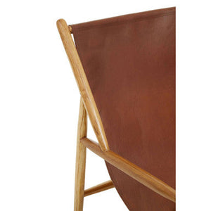 Kendari Antique Brown Leather and Teak Wood Modern Sling Chair – close-up