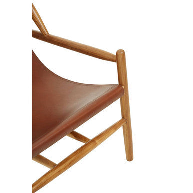 Kendari Antique Brown Leather and Teak Wood Modern Sling Chair – angle view