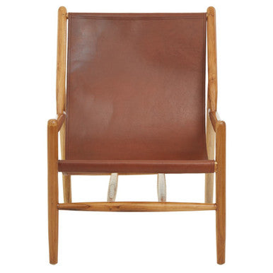 Kendari Antique Brown Leather and Teak Wood Modern Sling Chair