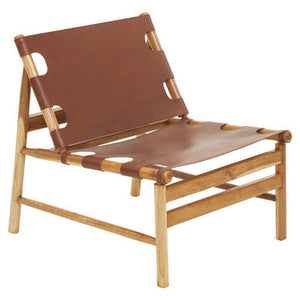 Kendari Antique Brown Leather and Teak Wood Sling Chair – detail