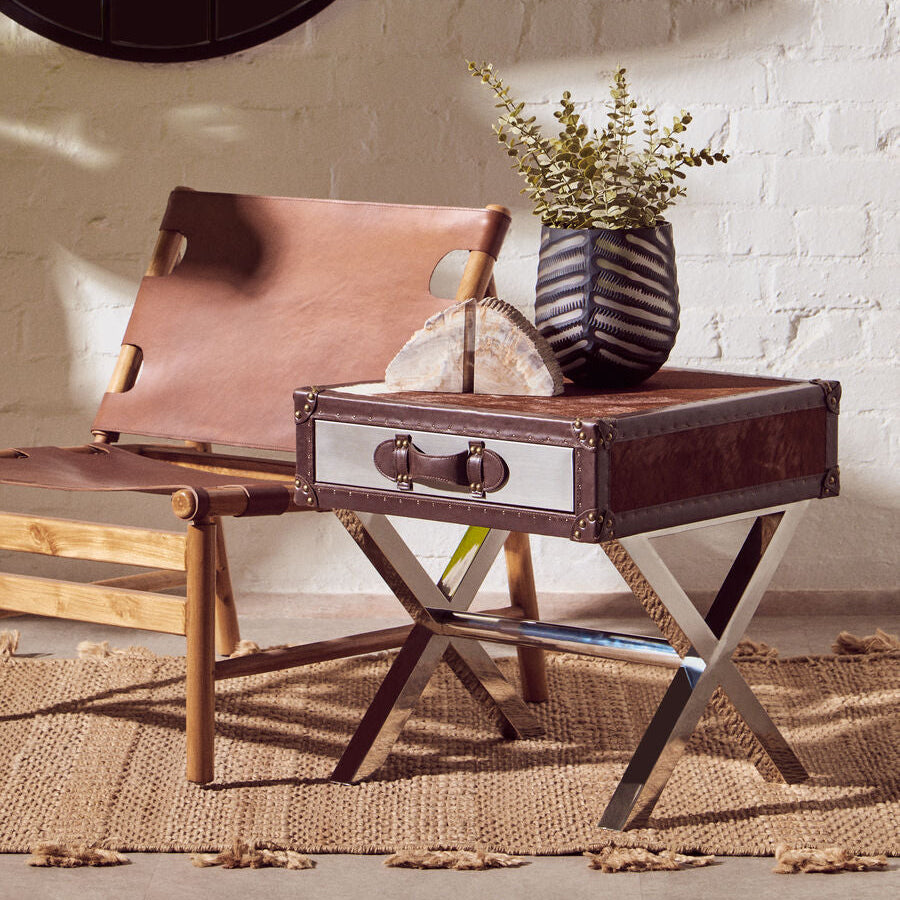 Kendari Antique Brown Leather and Teak Wood Sling Chair