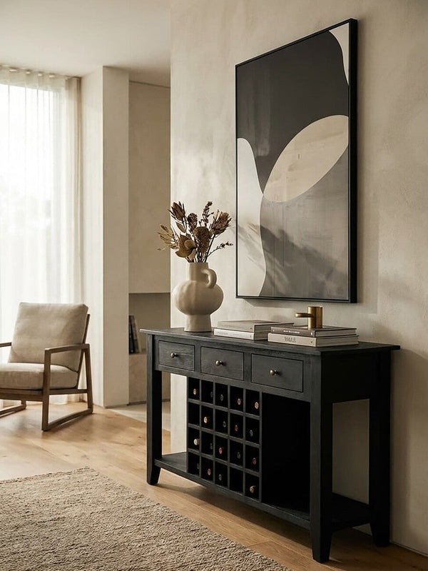 Fusion Black Mango Wood Console Table with Wine Storage – close-up 2