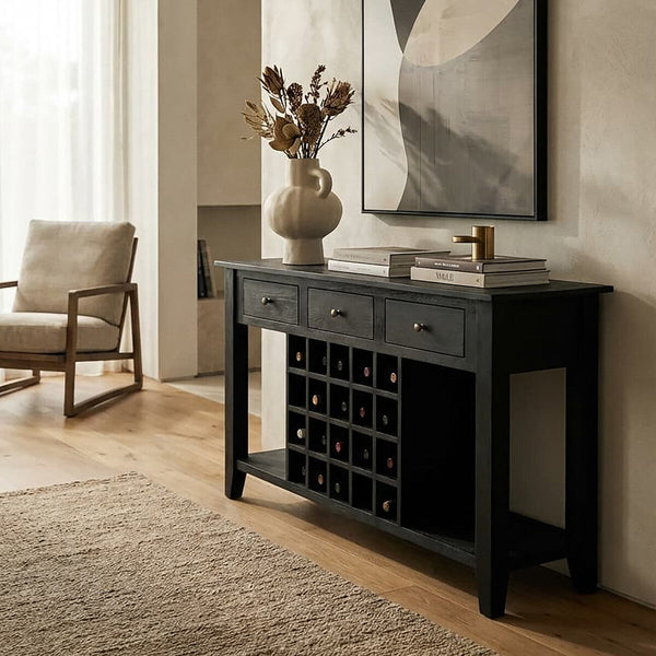 Fusion Black Mango Wood Console Table with Wine Storage – dimensions 2