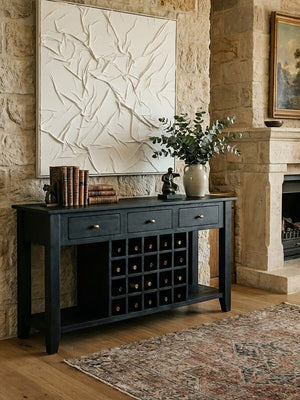 Fusion Black Mango Wood Console Table with Wine Storage – in room setting 2