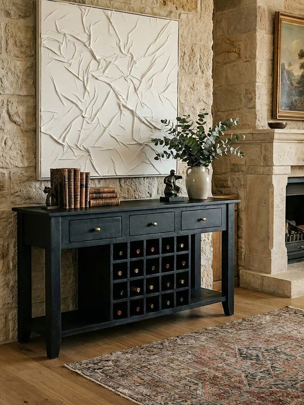 Fusion Black Mango Wood Console Table with Wine Storage – in room setting 2